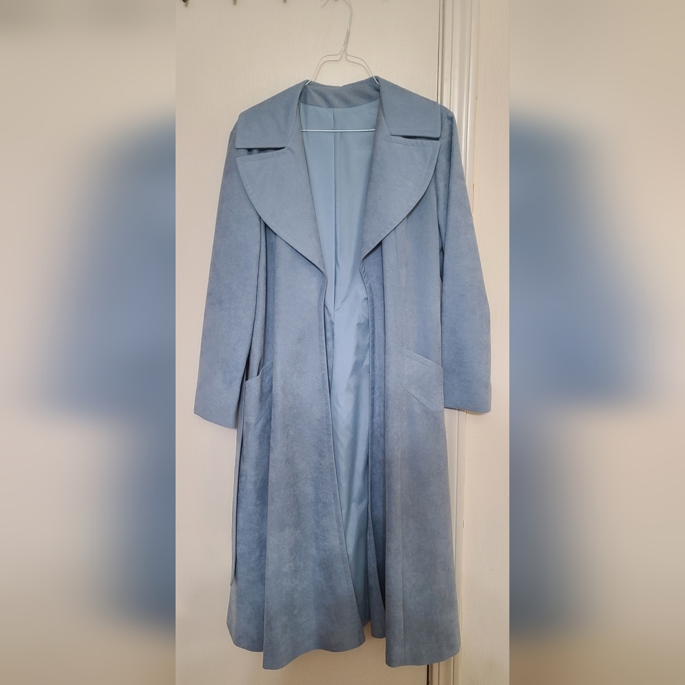 Women's Light Blue Longline Trench Coat - Elegant Open Front